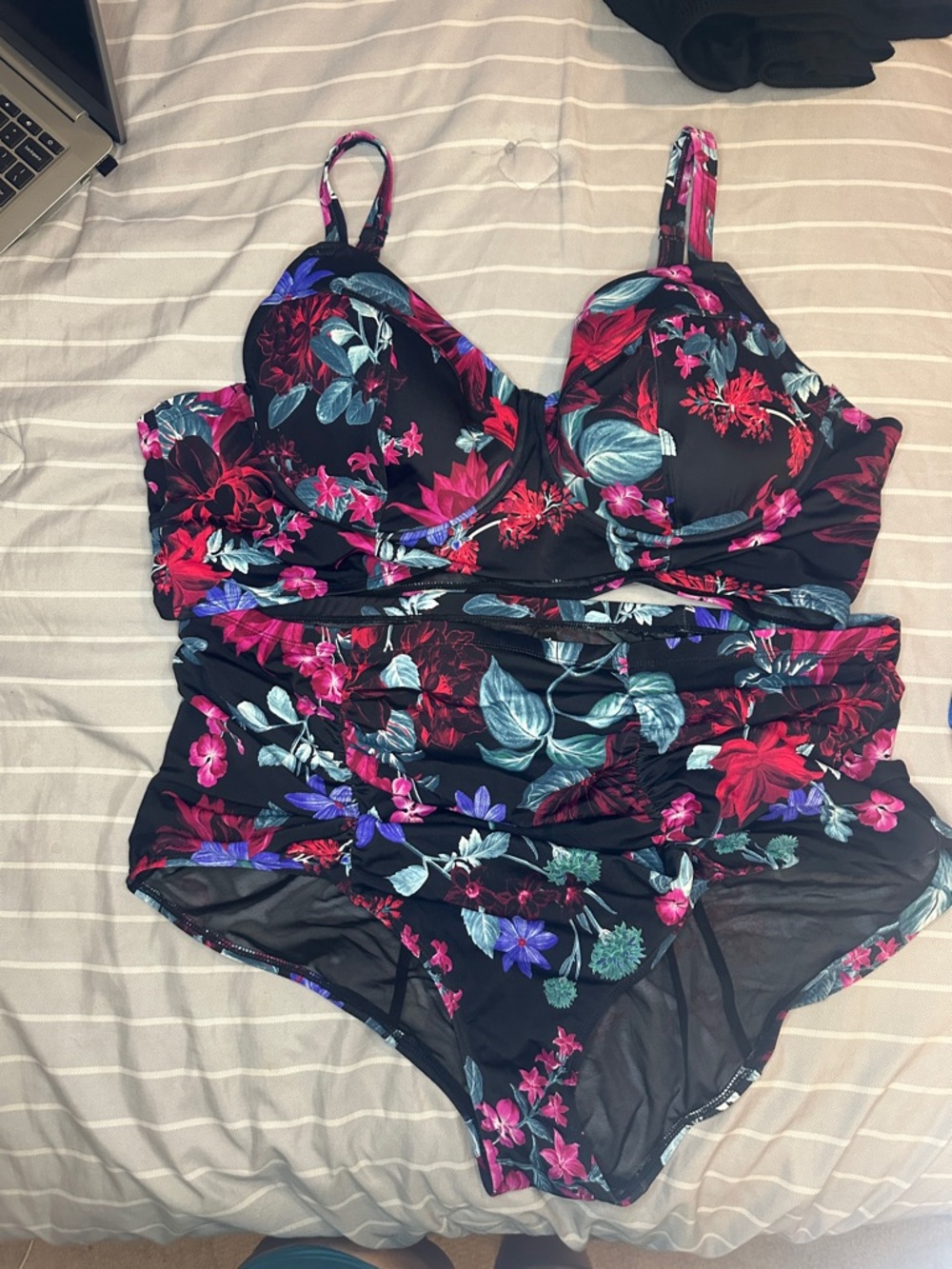 torrid Black Floral Swimdress with Pink & Teal Blooms